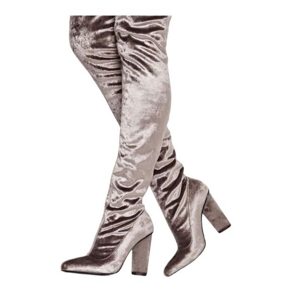 Misguided Velvet Over The Knee Boot Size 9 Silver 4” Heel Slip On Sexy Retro Y2K - Picture 1 of 8